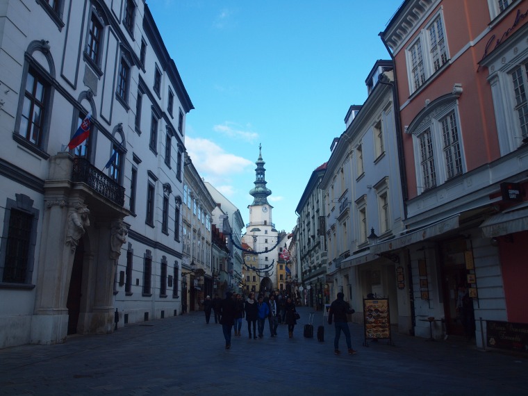 One of the many pedestrian streets in downtown Bratislava
