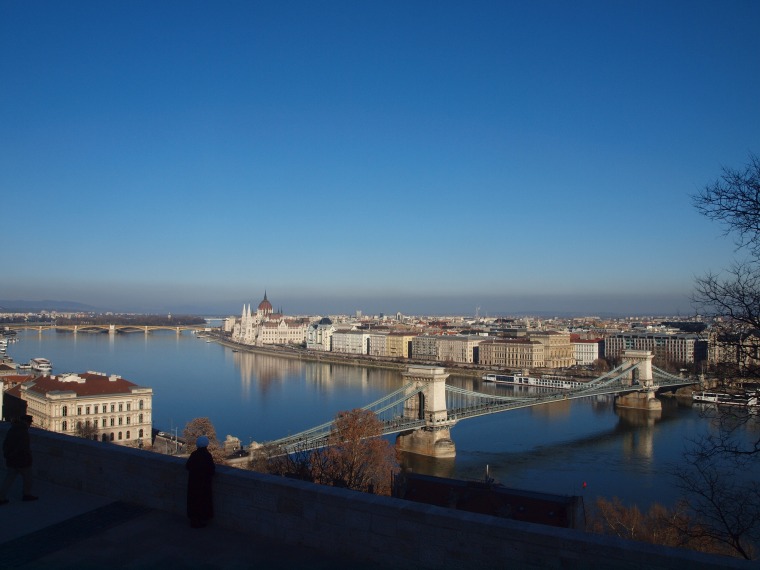 In Budapest, overlooking the Danube River and "Pest" side from the top of the hill in "Buda" 